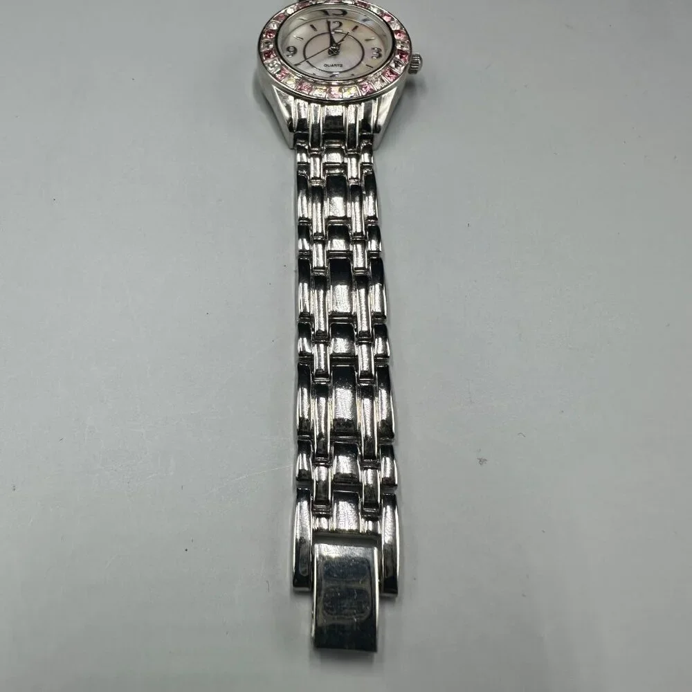 M. Z. Berger Watch Women Silver Tone Pink White Crystal Bezel New Battery